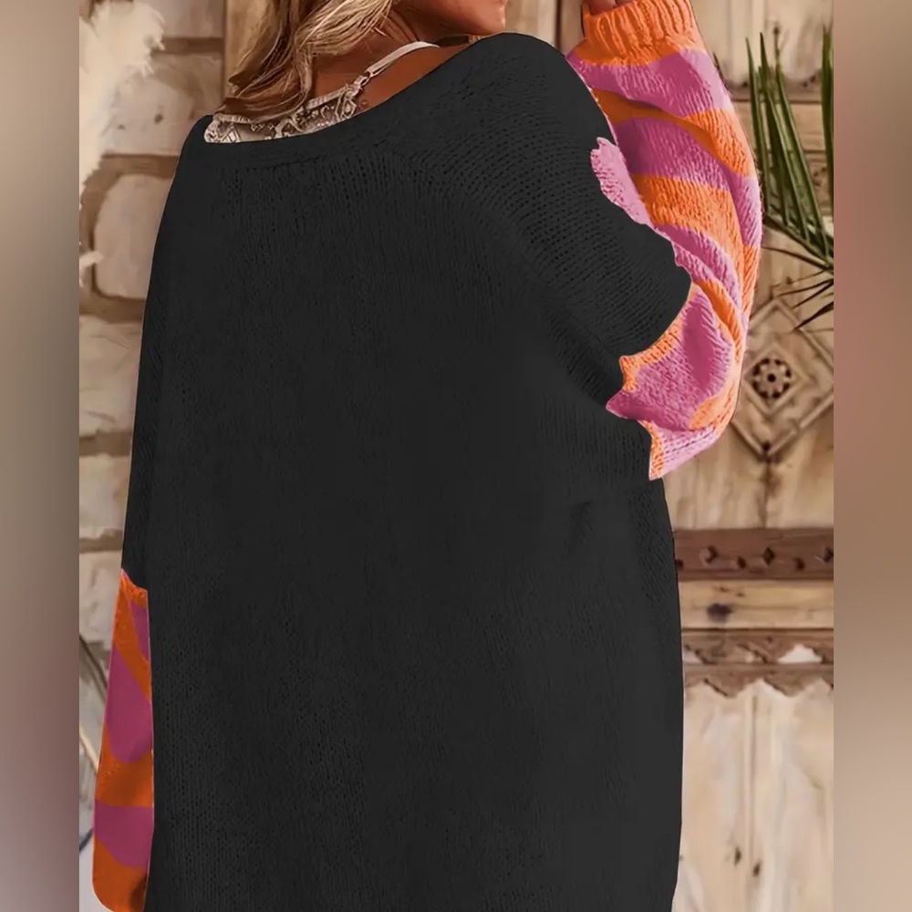 BLACK Pink and Orange Striped and Floral Knit Cardigan Sweater - Picture 3 of 8